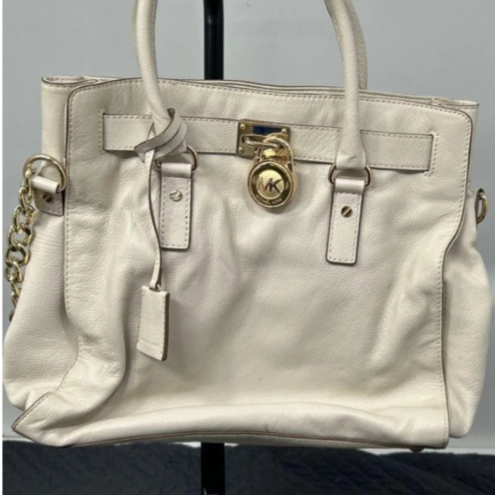 > Michael Kors Cream Leather Satchel with Gold Accents